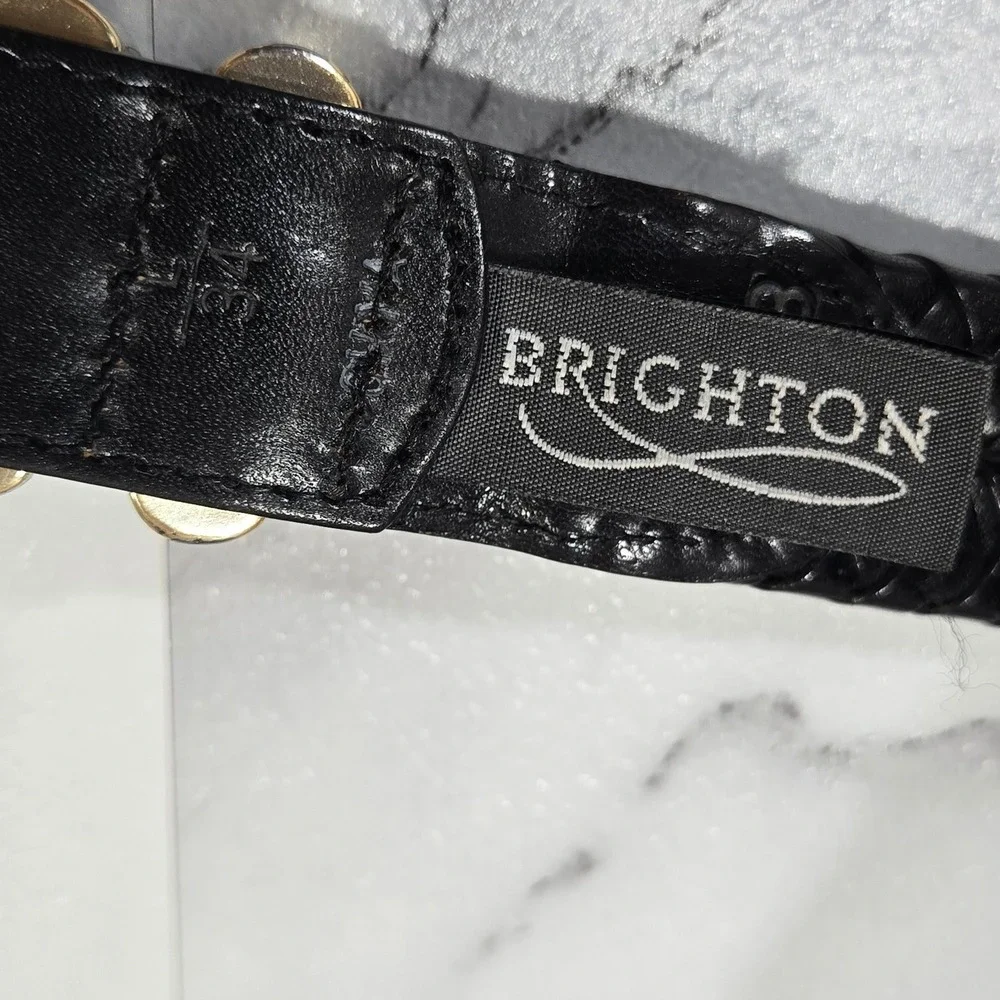 Vintage Brighton Woven Leather Belt Womens 34 Black Silver Ornate Buckle 97083